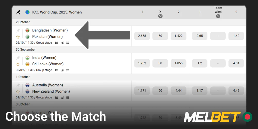 Select a specific match or event from the Melbet website