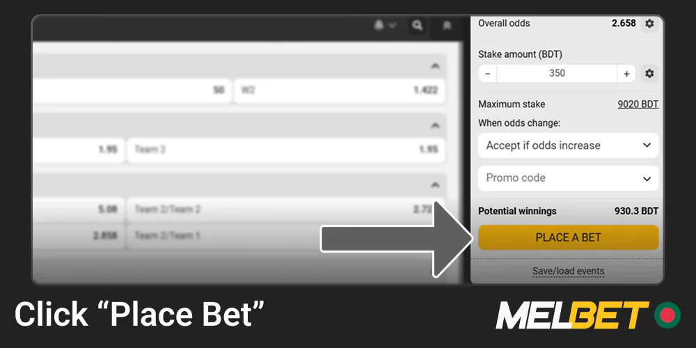 Review all the details, and then click "Place Bet" in the Melbet registration window